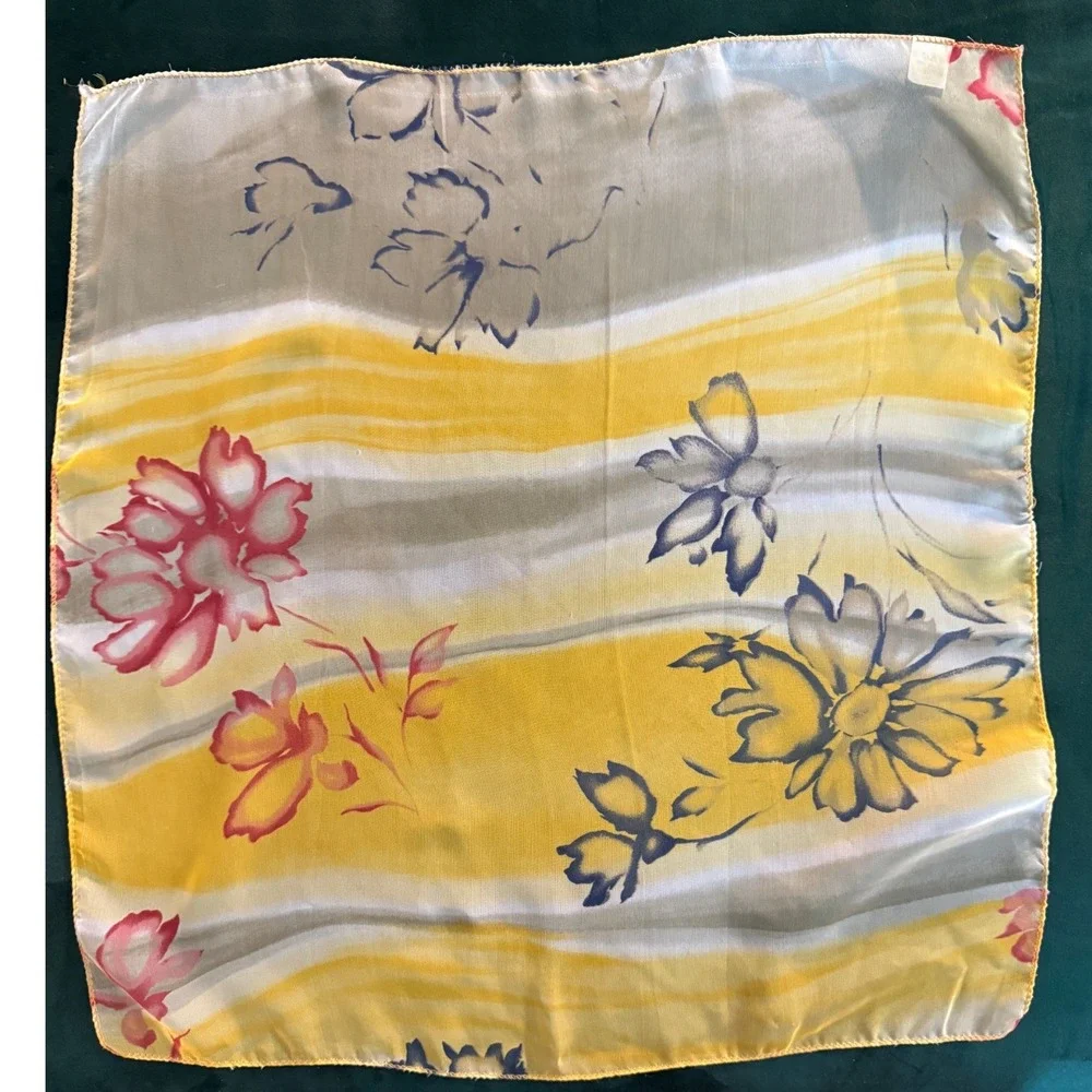 Vintage Floral Sheer Scarf Yellow Grey Pink Square Neck Head Wrap Korea
